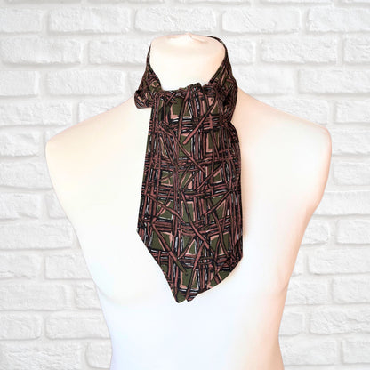 60s Mod Style Green, Brown and White Abstract Print Vintage Cravat