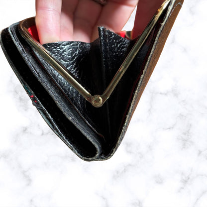 Vintage Textured Black Leather Clasp Top Purse/Wallet with Red Tartan Insert  - Stylish and Practical