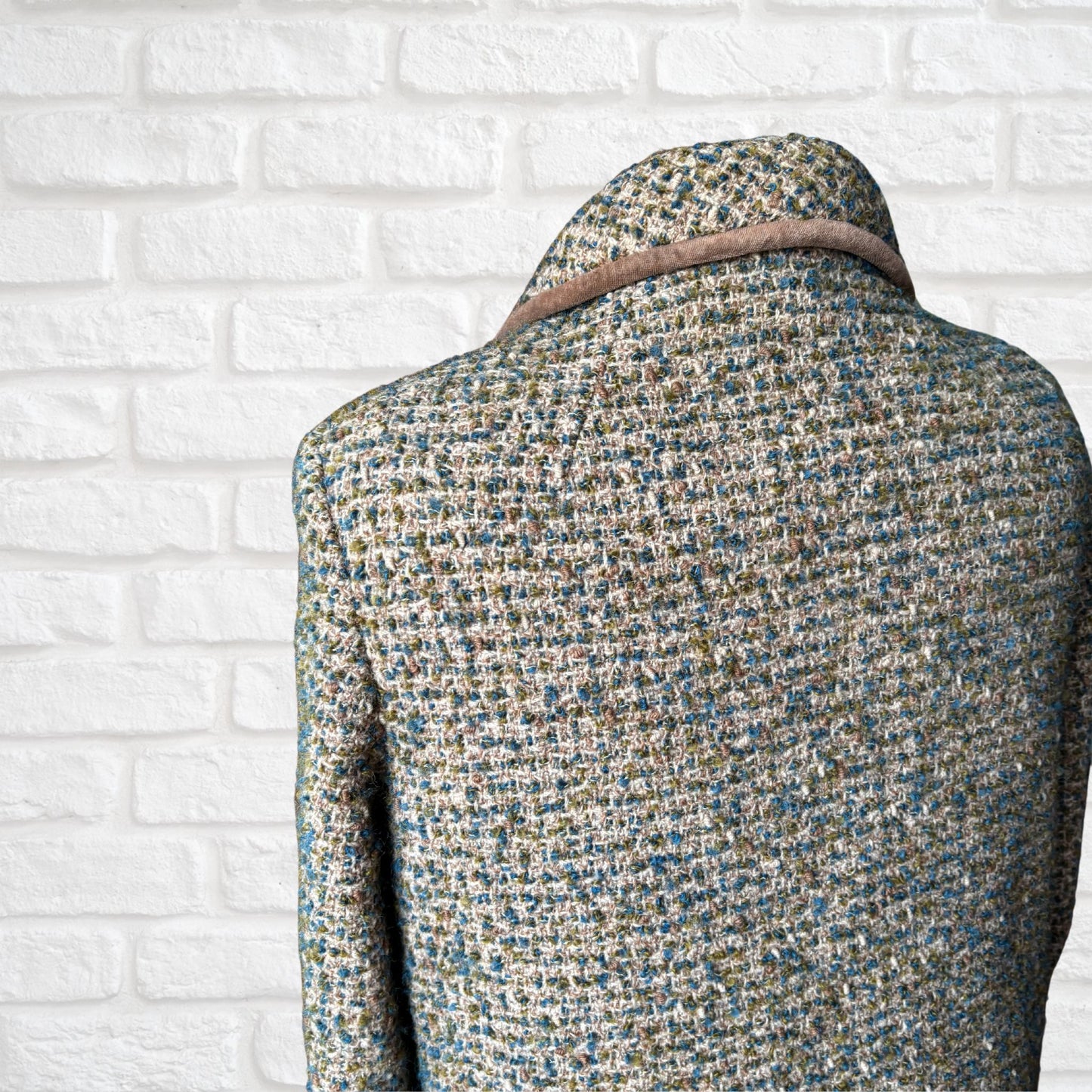 Vintage 60s Teal Green and Brown Wool Boucle Jacket with Velvet Trim. Approx UK size 14-16