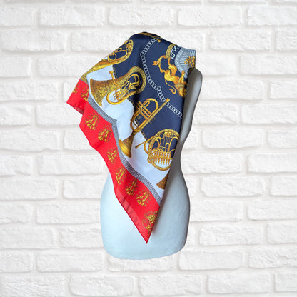 Red, Navy Blue and Gold Heraldic Style Large Square Vintage Scarf. Great Gift idea
