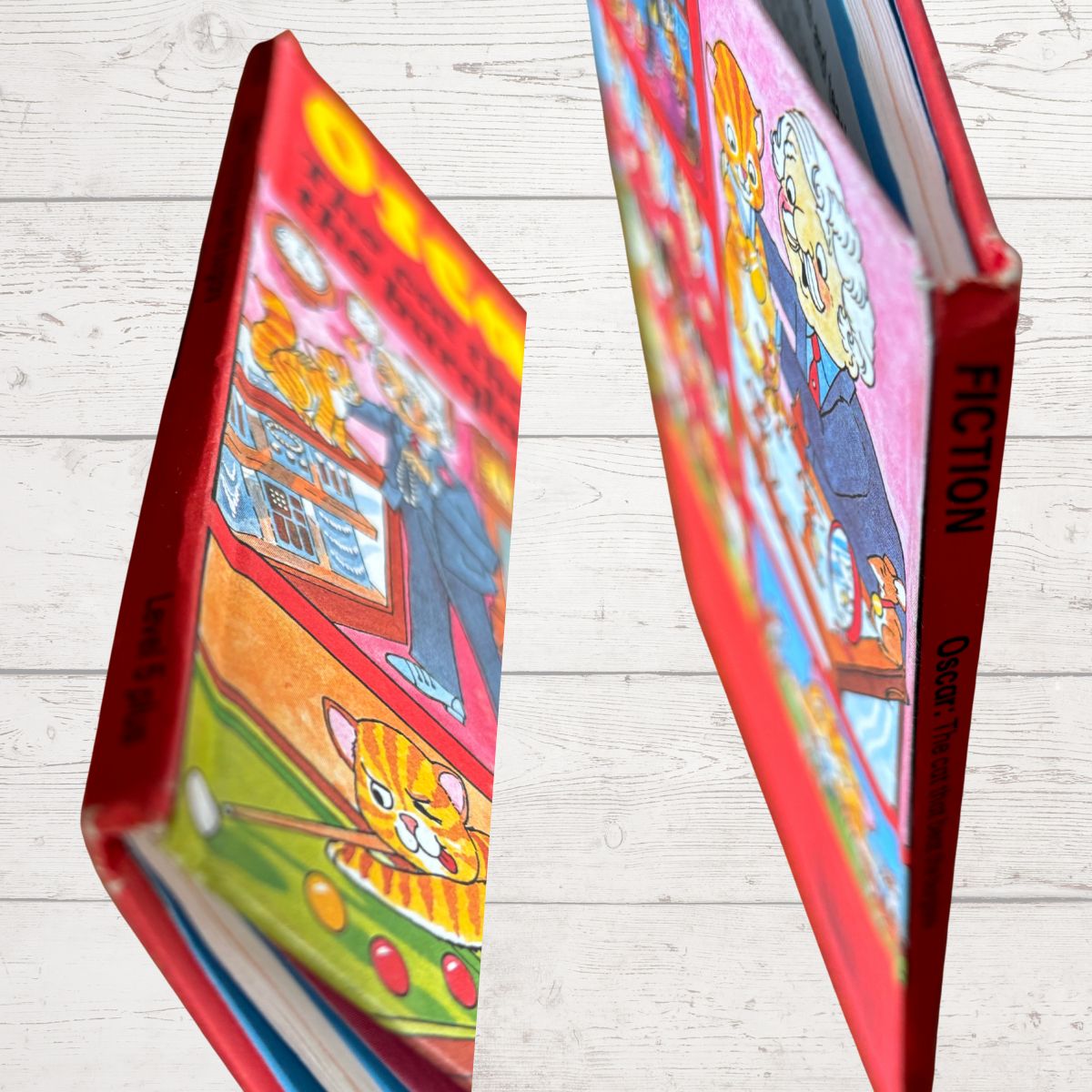 Two colorful children's books open on a light wooden surface