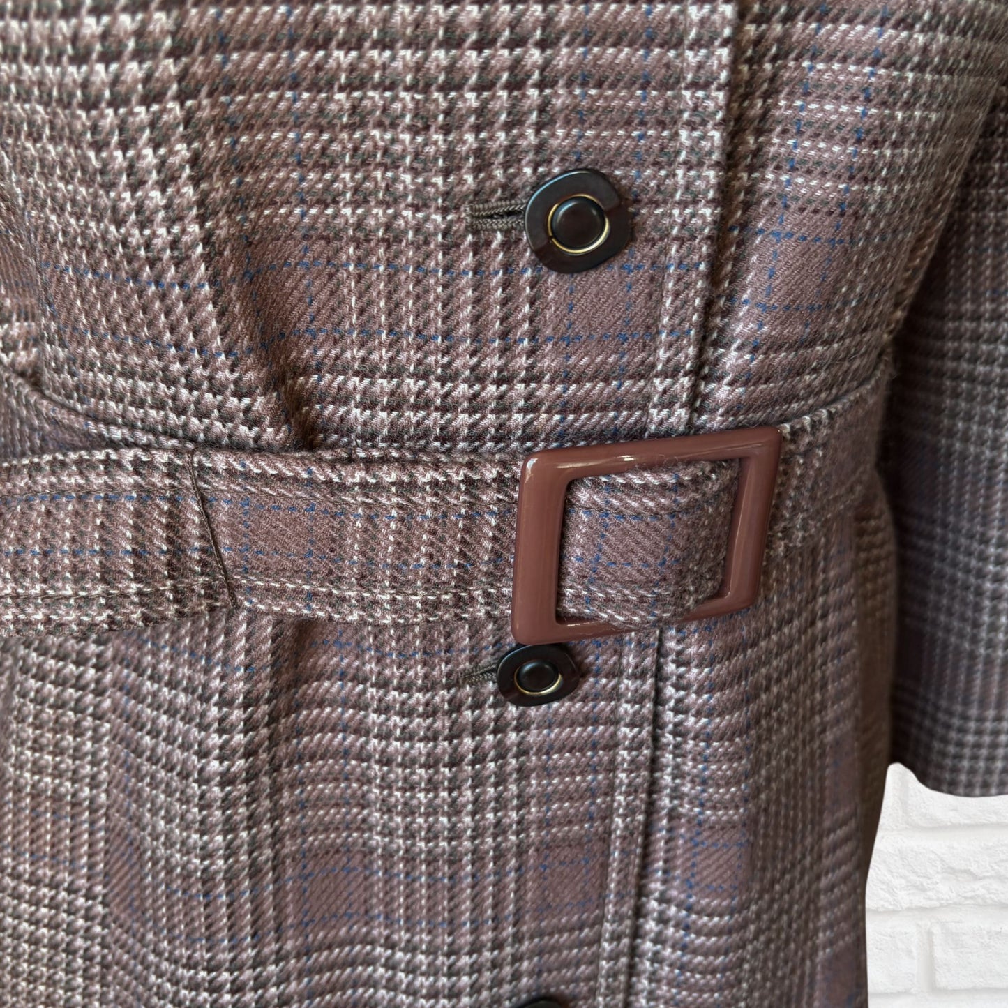 Vintage Wool Blend Trench Coat - Brown, Blue & White Checked Pattern with Matching Belt . Approx UK size 8-10