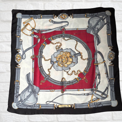 Black, White, Grey, Gold and Red Equestrian Style Square Vintage Scarf by Gim Renoir. Great Gift Idea
