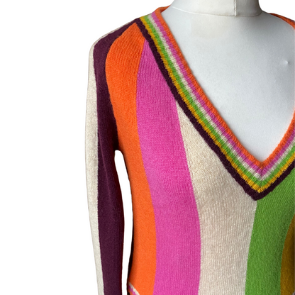 Vintage Italian Wool Multi Coloured Stripe V Neck Jumper.Approx UK size 8-10