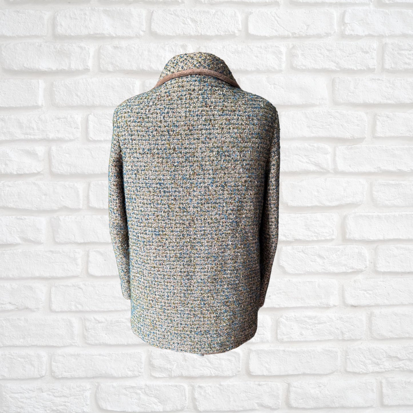 Vintage 60s Teal Green and Brown Wool Boucle Jacket with Velvet Trim. Approx UK size 14-16