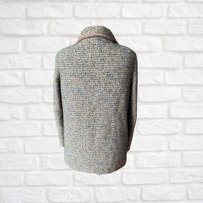 Vintage 60s Teal Green and Brown Wool Boucle Jacket with Velvet Trim. Approx UK size 14-16