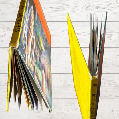 Open book with colorful pages on a wooden surface