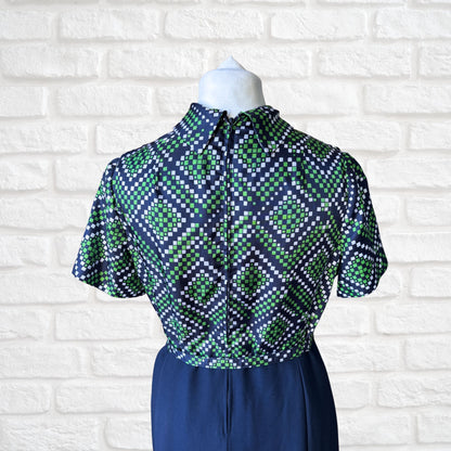 Vintage 70s Navy Blue, Green and White Geometric Print Dress with Tie Neck and Matching Belt . Approx UK size 14-16