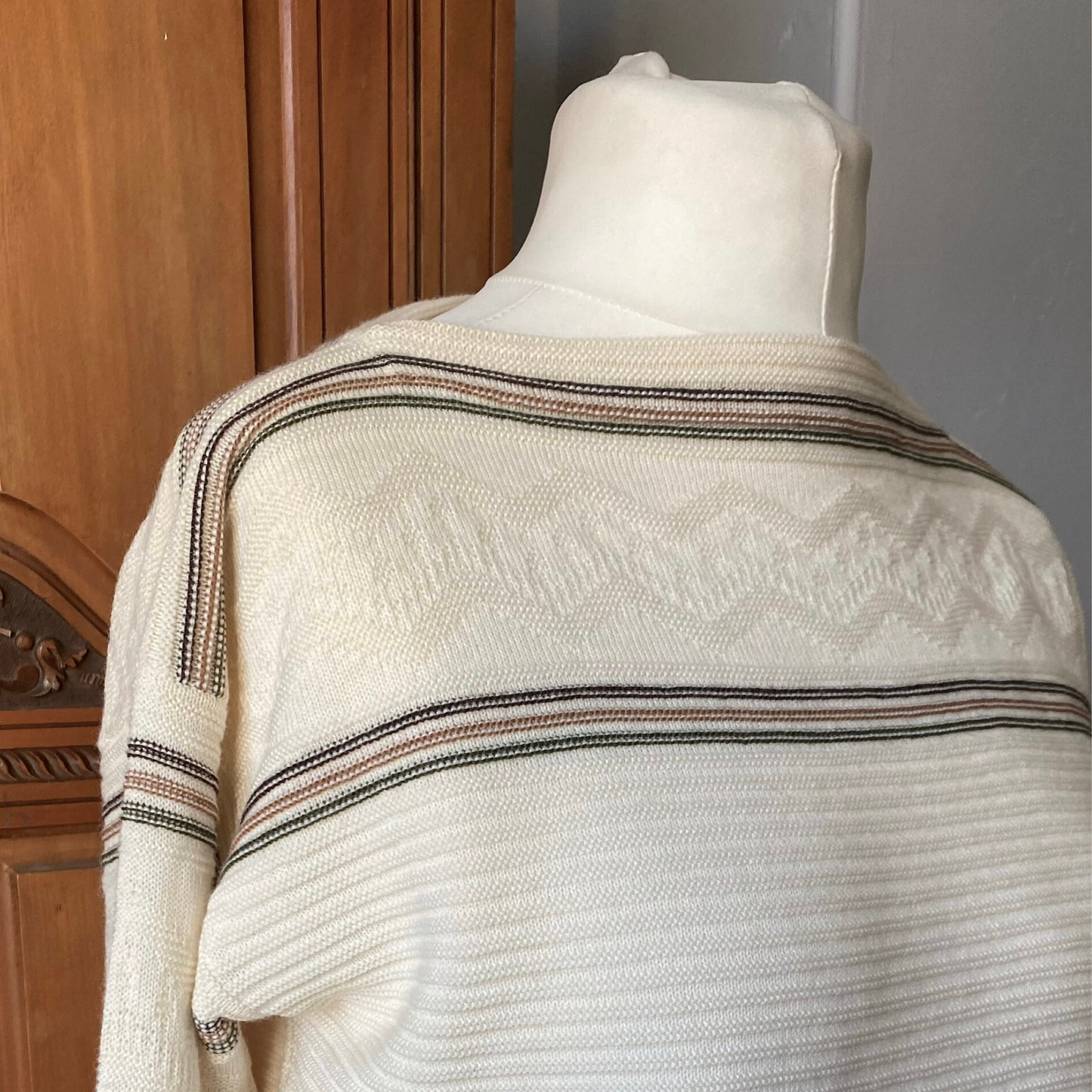 Lightweight cream jumper with chocolate brown, green, and tan stripes - Classic and versatile