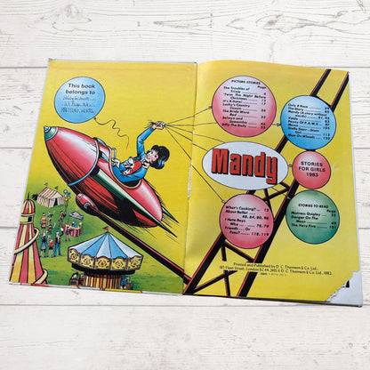 Mandy for Girls 1983 annual  open on the contents page  On a white background