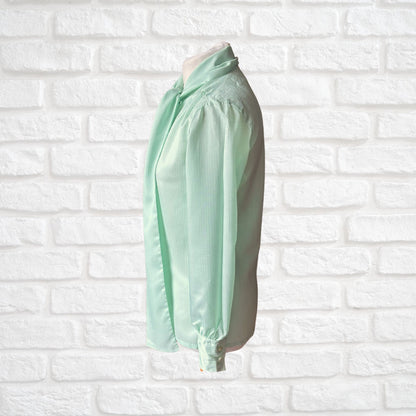 Pale Green Silky 80s Vintage Secretary Blouse with Tie Detail. Approx UK size 8-10