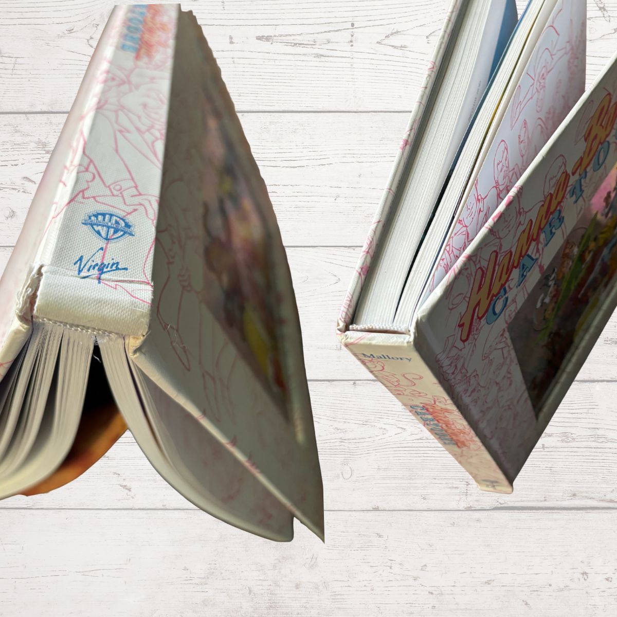 Open books with colorful text and illustrations on a light wooden surface
