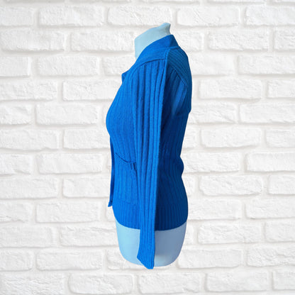70s Blue Ribbed V neck Vintage Cardigan.  Approx UK size 8-10