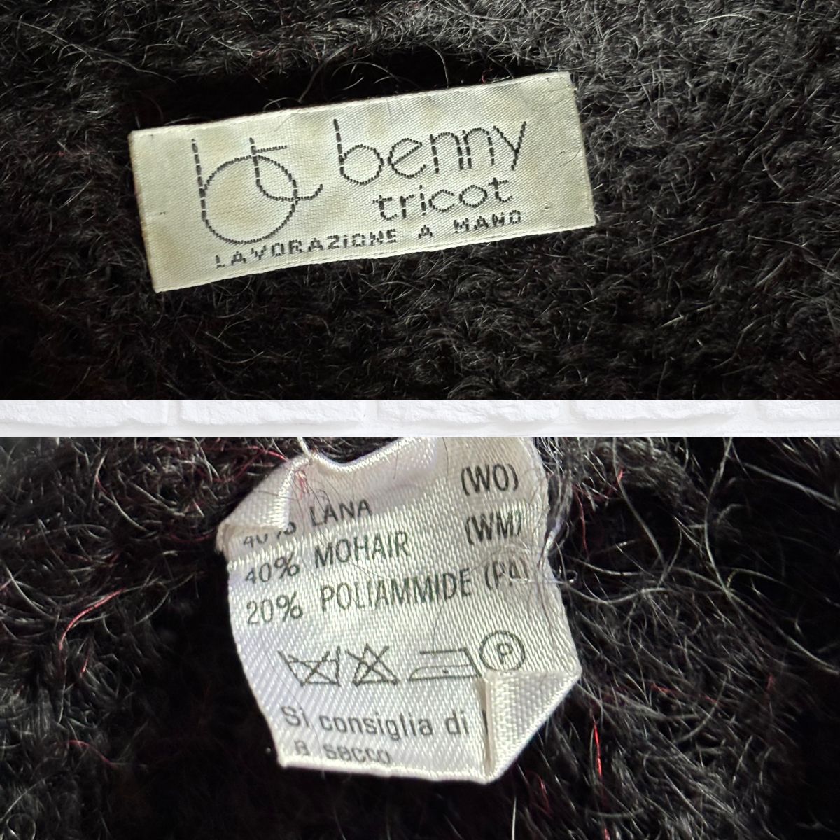 Benny tricot label on a mohair knit 
