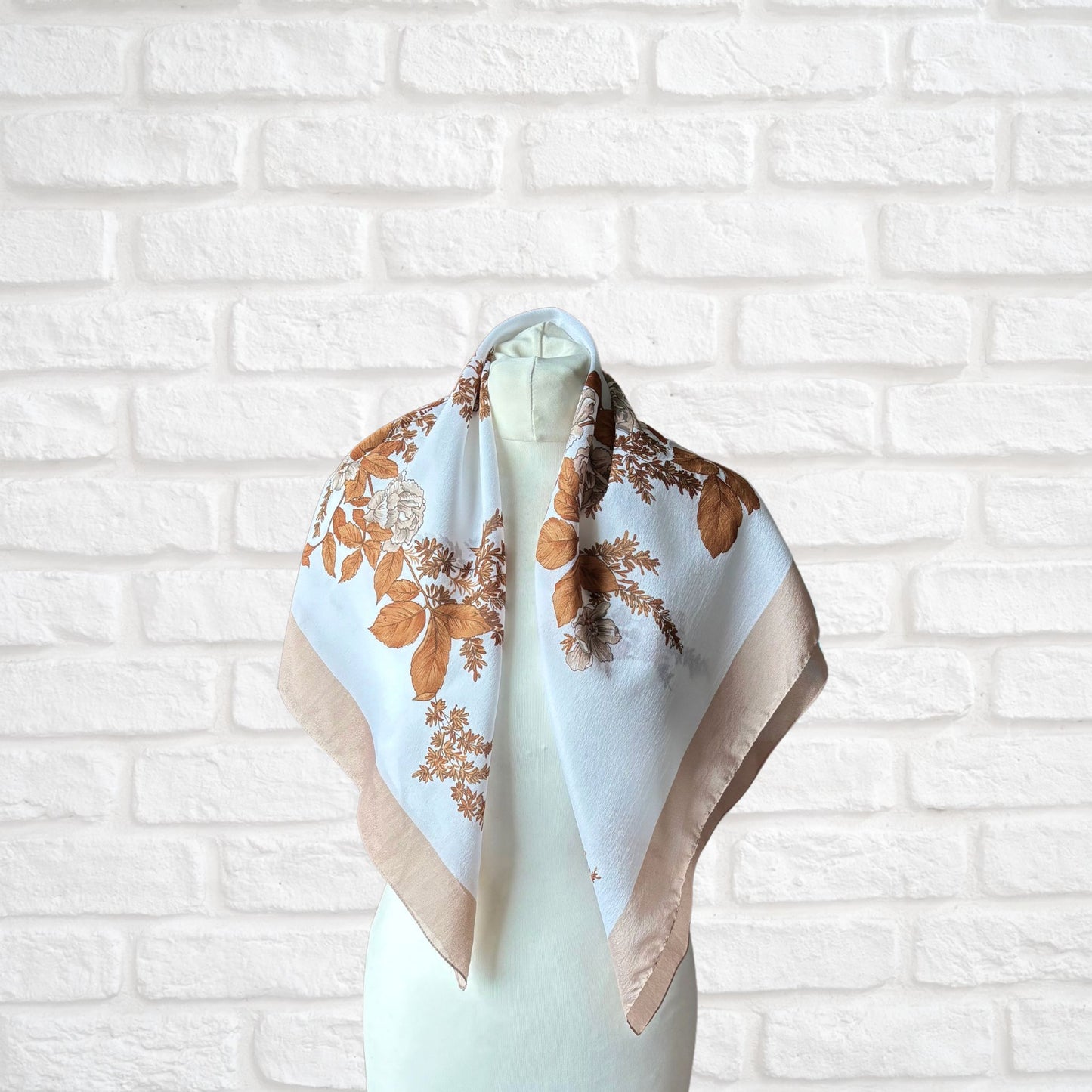 Stylish Brown and White Square Botanical Vintage Scarf. Great Gift idea