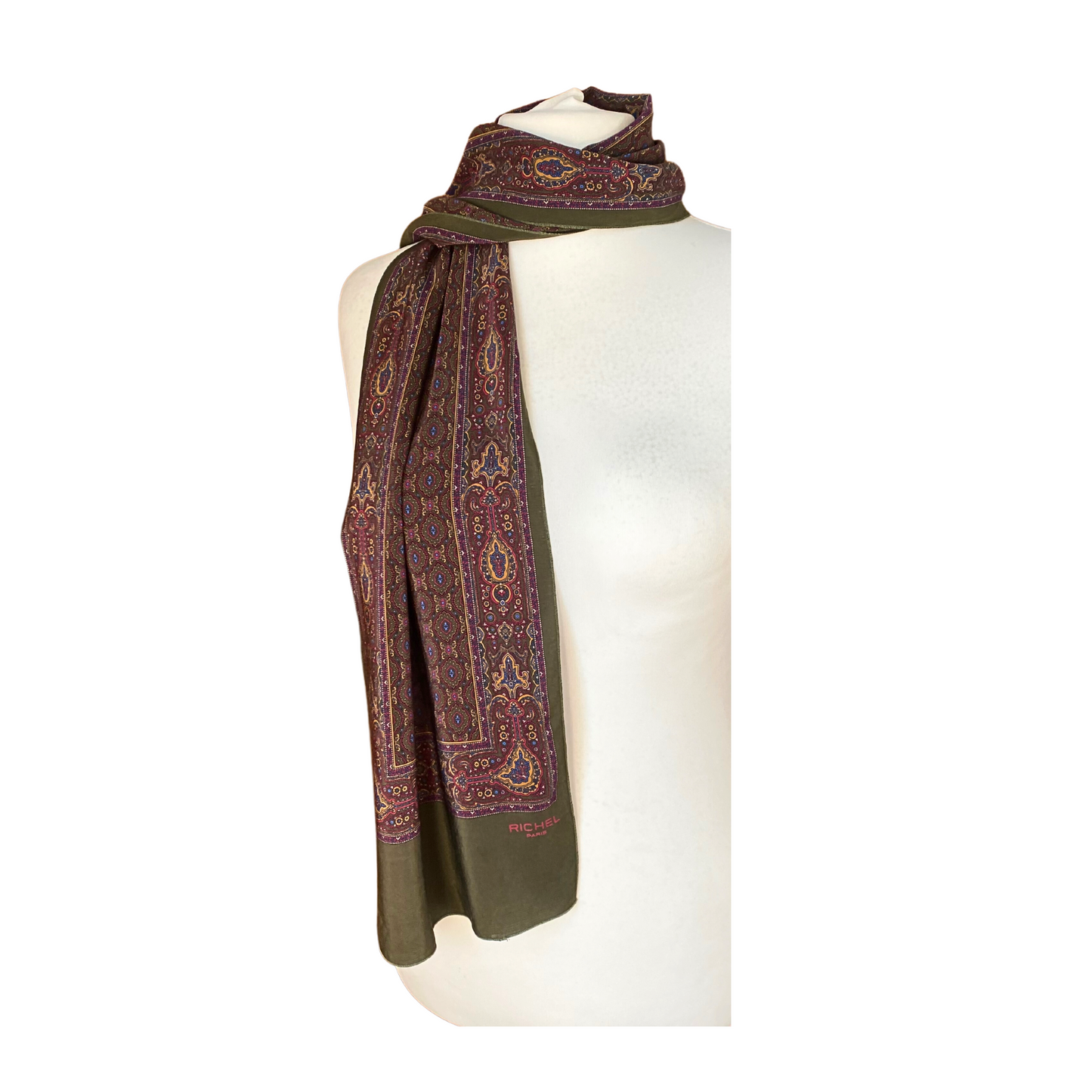 Stylish olive green, purple yellow and blue paisley scarf  