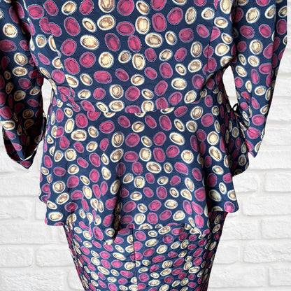 Vintage 80s Black Peplum Dress with Red & Gold Lozenge Print by Liz Roberts. Approx UK Size 16-18