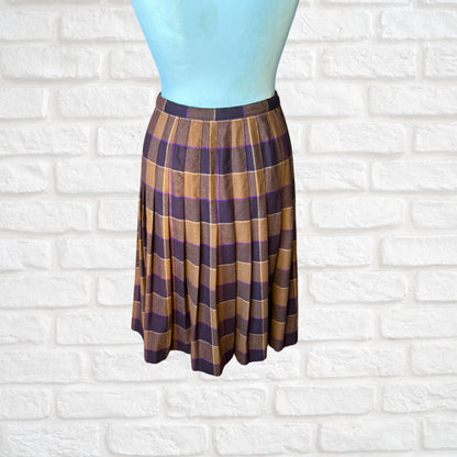 Vintage Brown,Gold & Purple Tartan Wool Kilt Skirt. Approx UK size 10-12