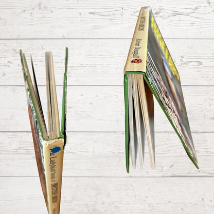 Close up of the book spine on a light wooden surface