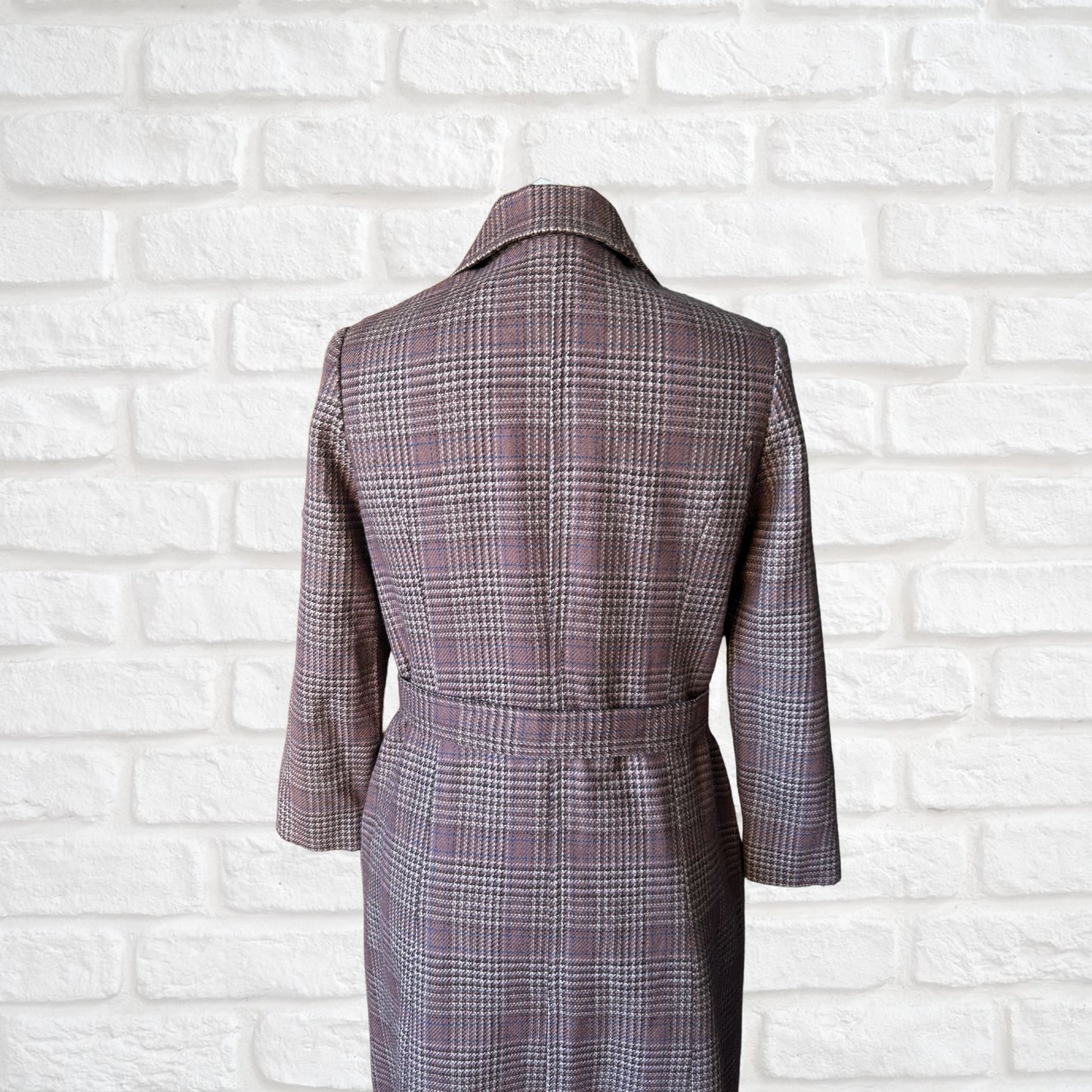 Vintage Wool Blend Trench Coat - Brown, Blue & White Checked Pattern with Matching Belt . Approx UK size 8-10