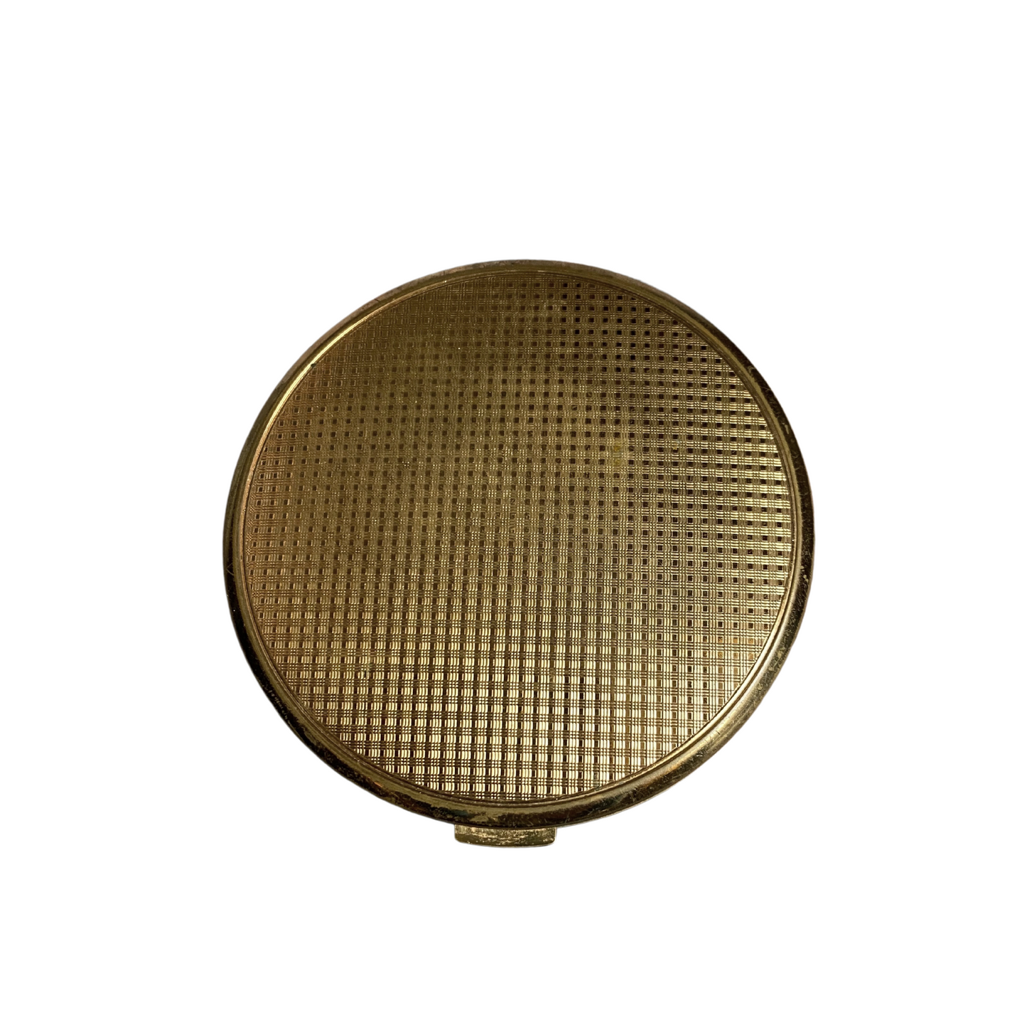 Gold tone cross hatch design on the rear of midcentury vintage Melissa powder compact 