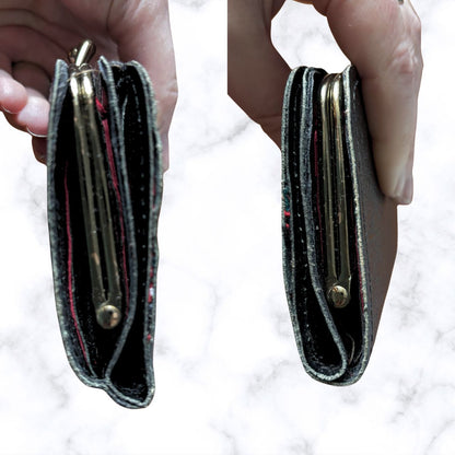 Vintage Textured Black Leather Clasp Top Purse/Wallet with Red Tartan Insert  - Stylish and Practical