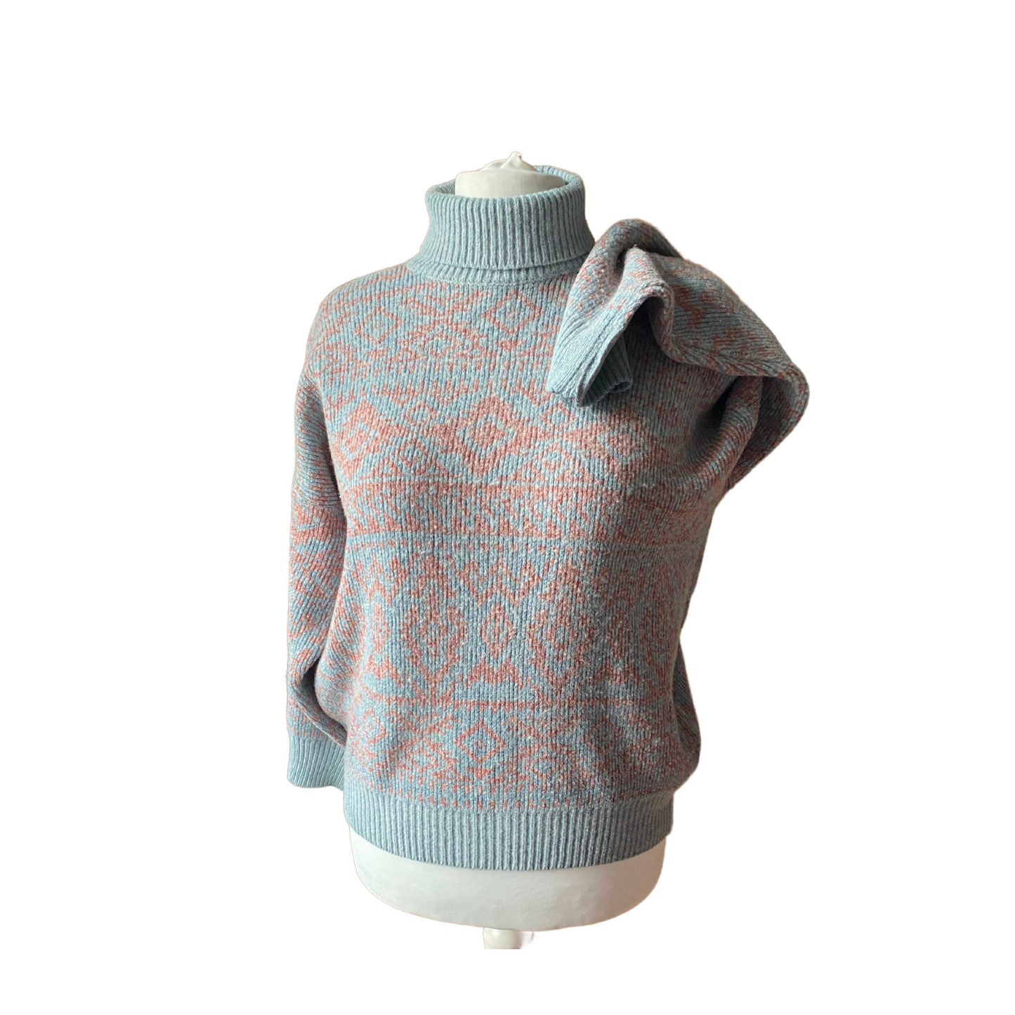 80s ribbed turtleneck sweater - pale blue with pink geometric print