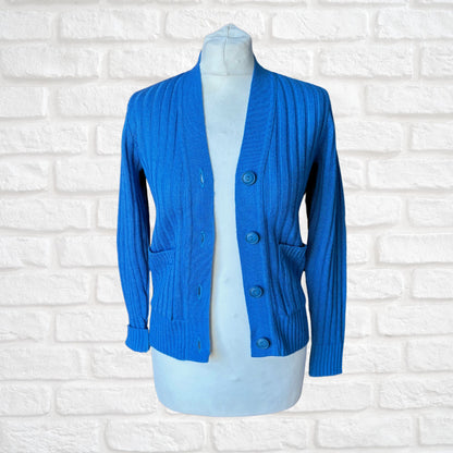 70s Blue Ribbed V neck Vintage Cardigan.  Approx UK size 8-10