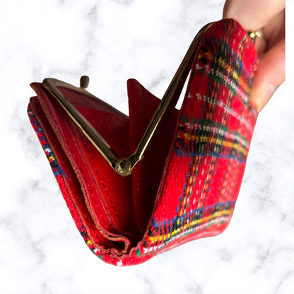 Vintage Red Tartan Wool and Leather Clasp Top Purse/Wallet - Stylish and Practical