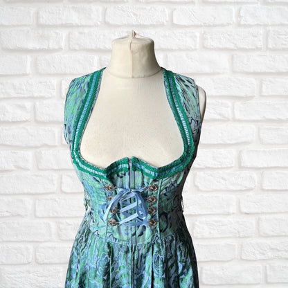 Vintage Blue and Green Shimmery Dirndl Dress with Lace-Up Bodice. Approx UK size 14