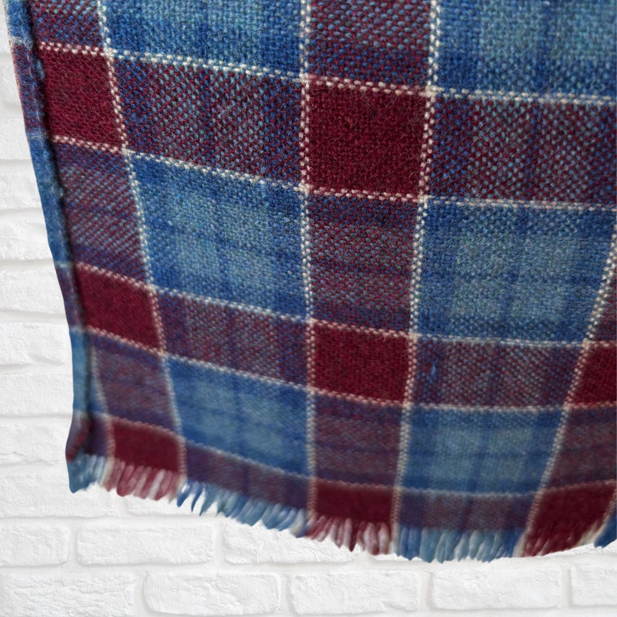 Blue, White and Burgundy Tartan Vintage Wool Scarf with Fringing. Great Gift Idea