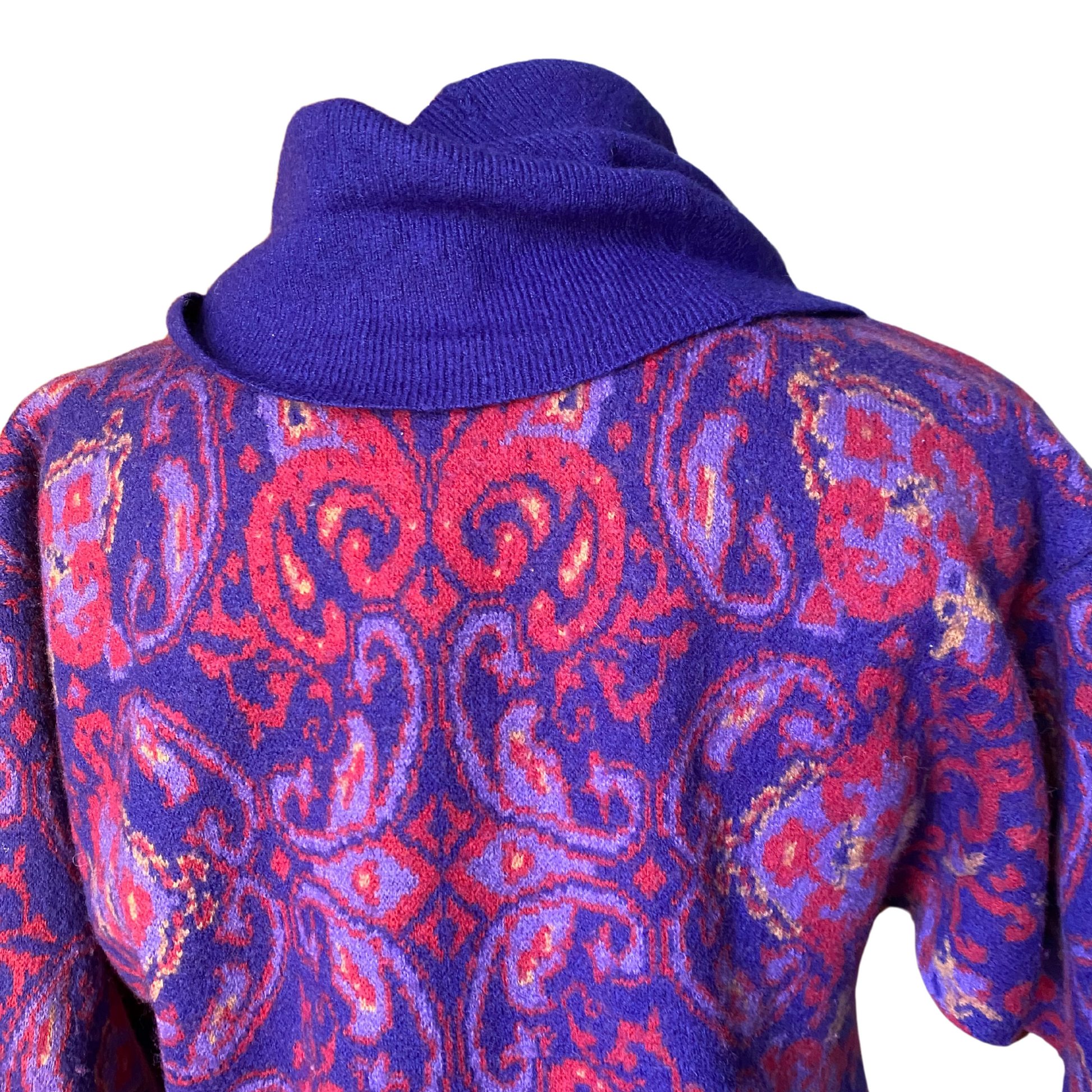 Back view of purple roll neck waist length jumper