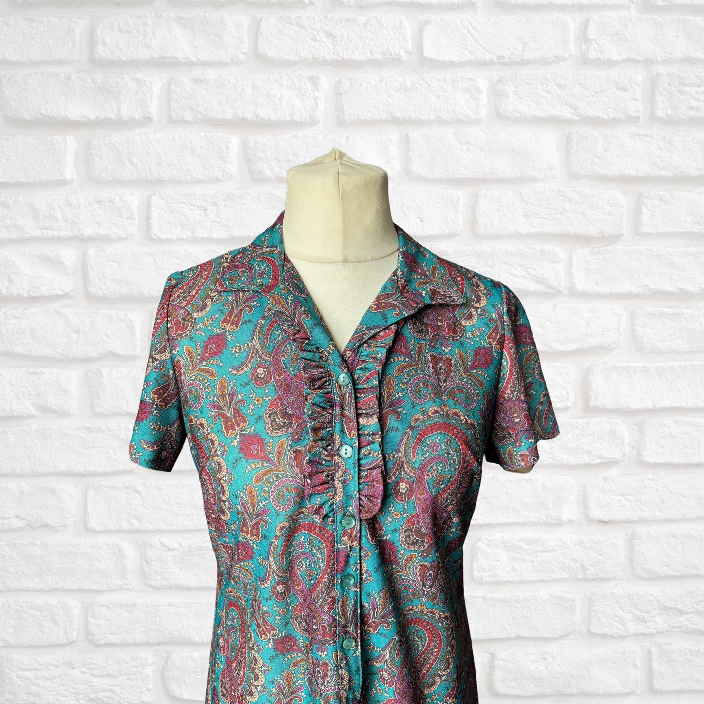 Vintage 70s Teal & Purple Paisley A-Line Mini Dress with Matching Belt. Approx UK size 14