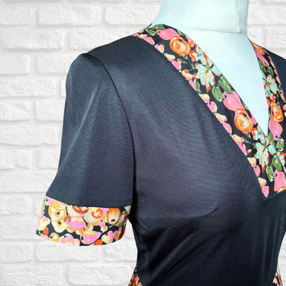 70s Black Fit & Flare Midi Dress with Fruity Floral Print . Approx UK size 10-12