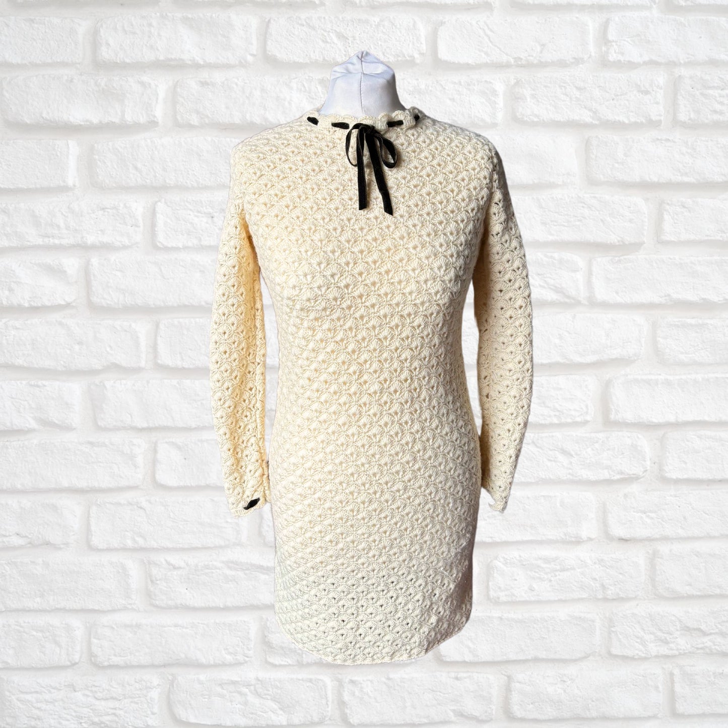 Vintage 60s Cream Crochet Mini Dress with Velvet Ribbon Detailing. Approx U.K. size 8 -10