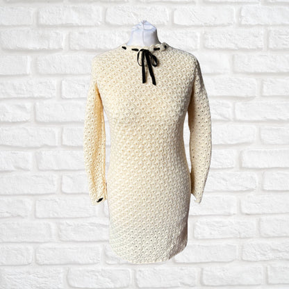 Vintage 60s Cream Crochet Mini Dress with Velvet Ribbon Detailing. Approx U.K. size 6-8