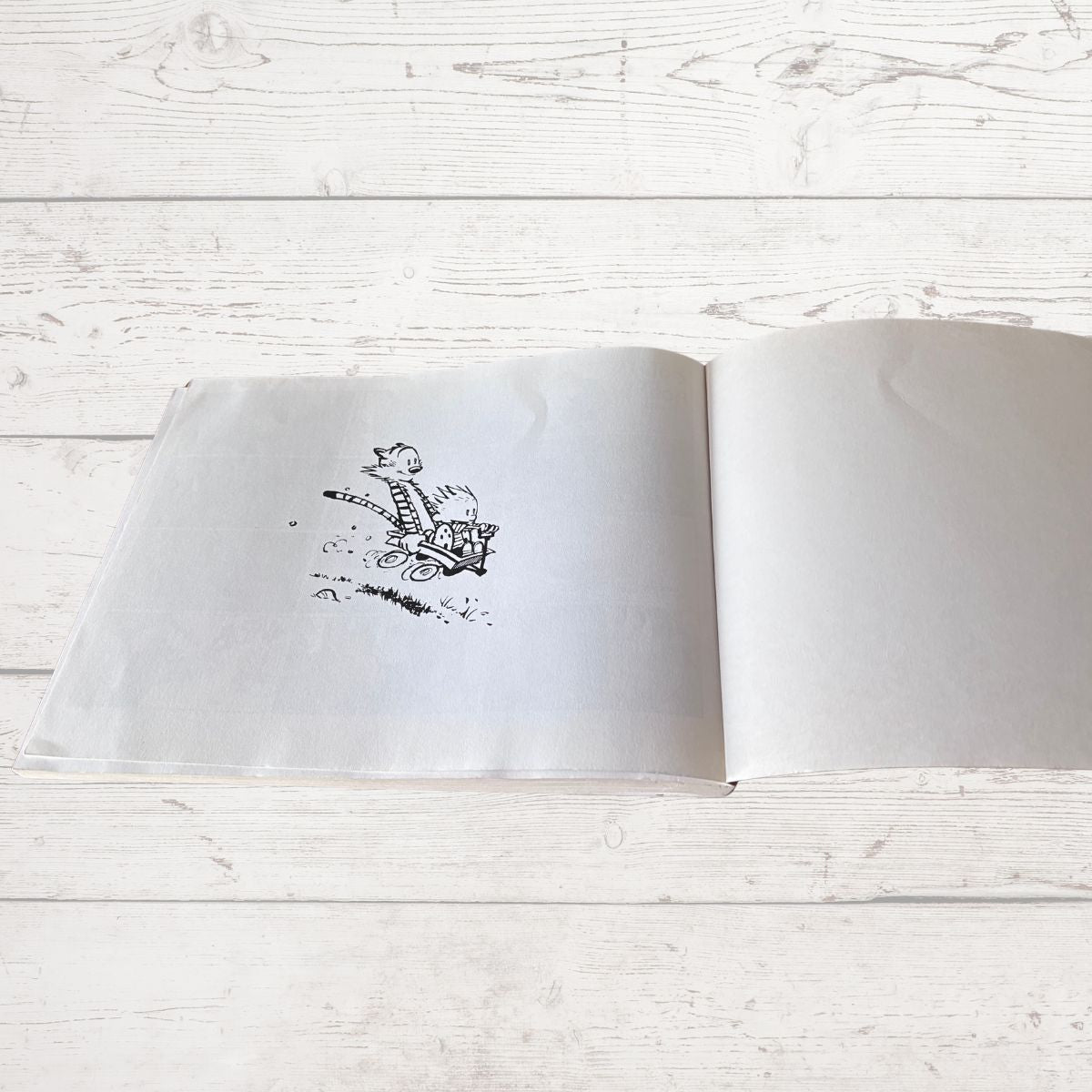 Open book with a black ink drawing of a cat on a white wooden surface