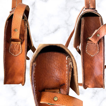 Classic Vintage Large Tan Leather Unisex Satchel with Buckle Front