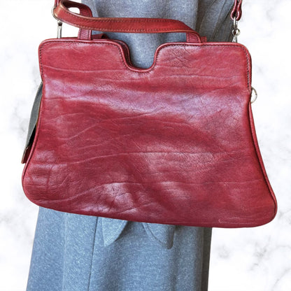 70s Dark Red Leather Vintage Shoulder / Top Handle Bag with Detachable Strap