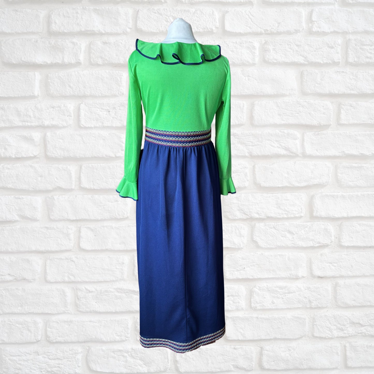 Stunning 1970s Vintage St. Michael Maxi Dress. Green & Navy Blue with Ruffle Bodice. Approx UK size 10