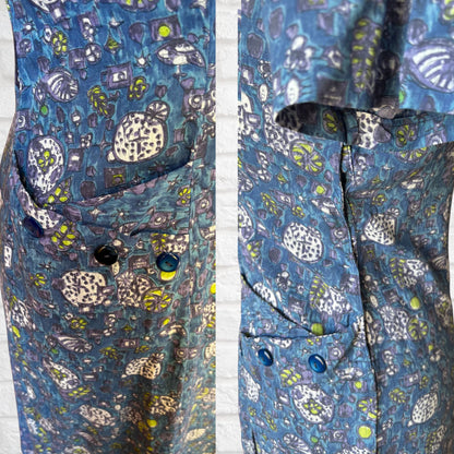 1950s French Vintage Blue Cotton Abstract Print Dress. Approx UK 12/ small 14