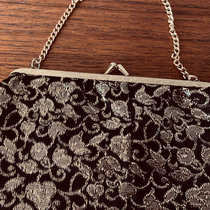 60s black and gold sparkly floral print handbag with matching mini hand mirror. Great gift idea.