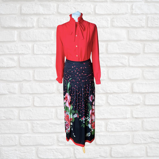 Vintage Dark Floral Maxi Skirt with Bold Red Hem.Approx UK size 8-10