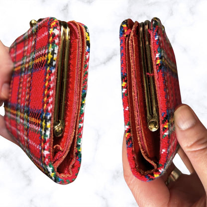 Vintage Red Tartan Wool and Leather Clasp Top Purse/Wallet - Stylish and Practical