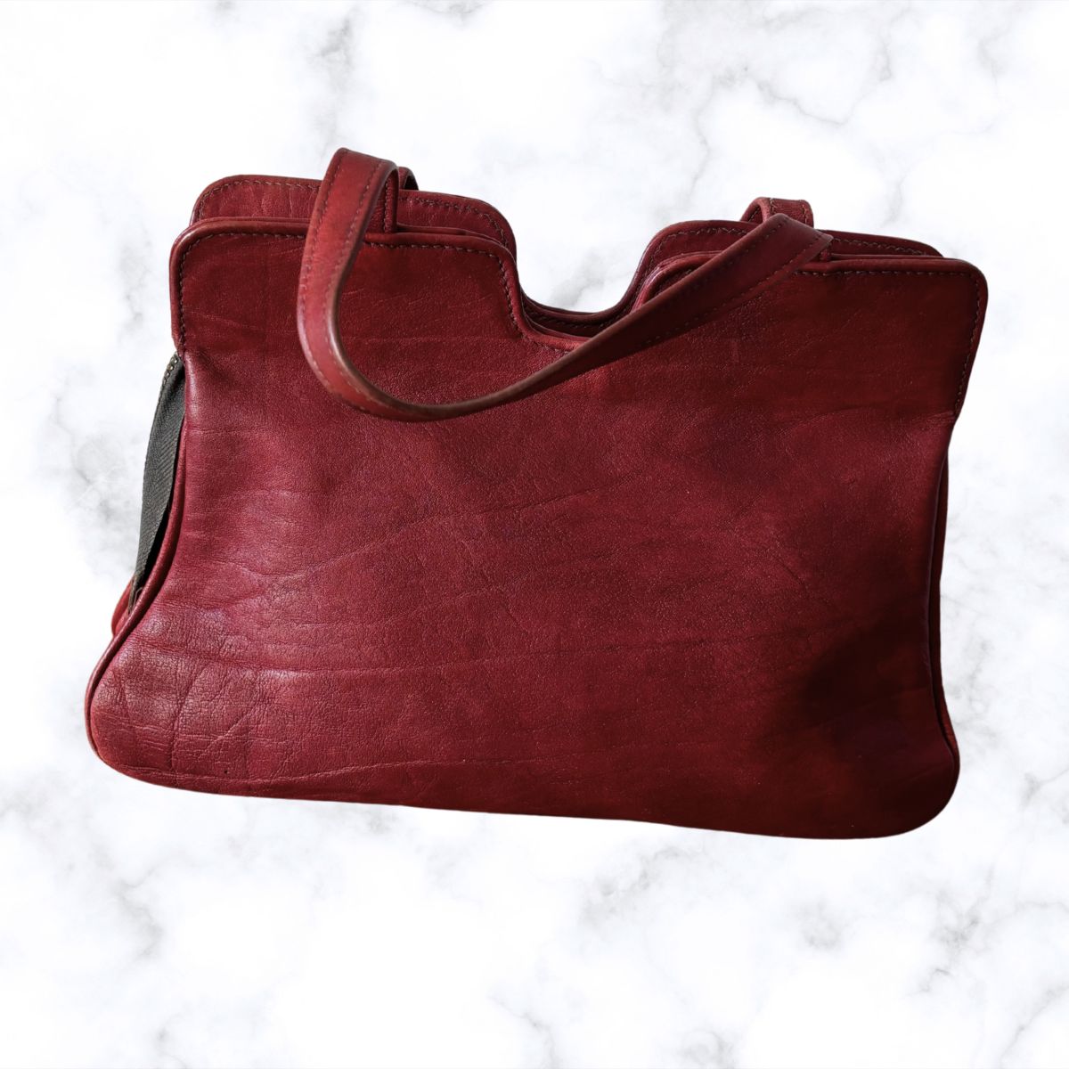 70s Dark Red Leather Vintage Shoulder / Top Handle Bag with Detachable Strap