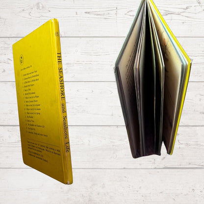 Open book with yellow cover on a white wooden surface