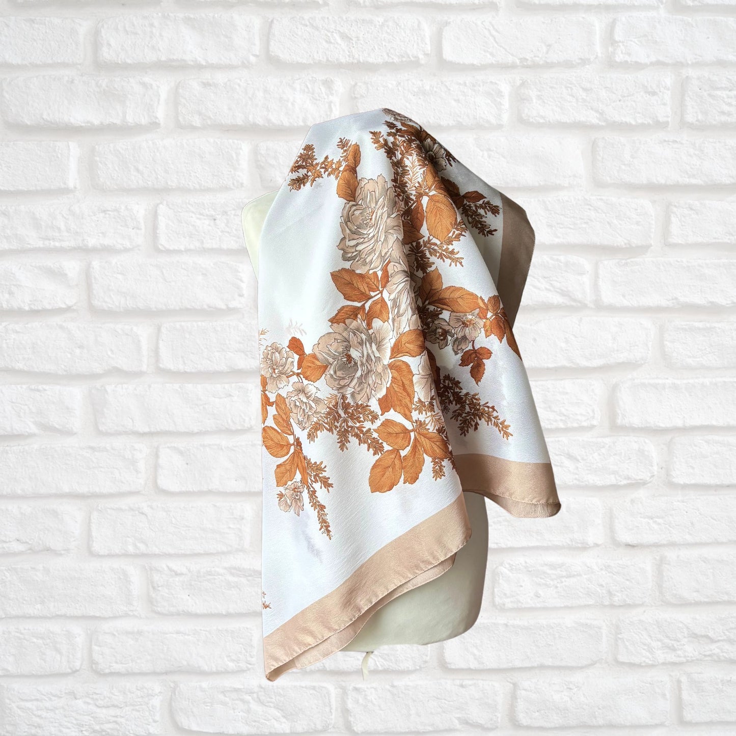 Stylish Brown and White Square Botanical Vintage Scarf. Great Gift idea