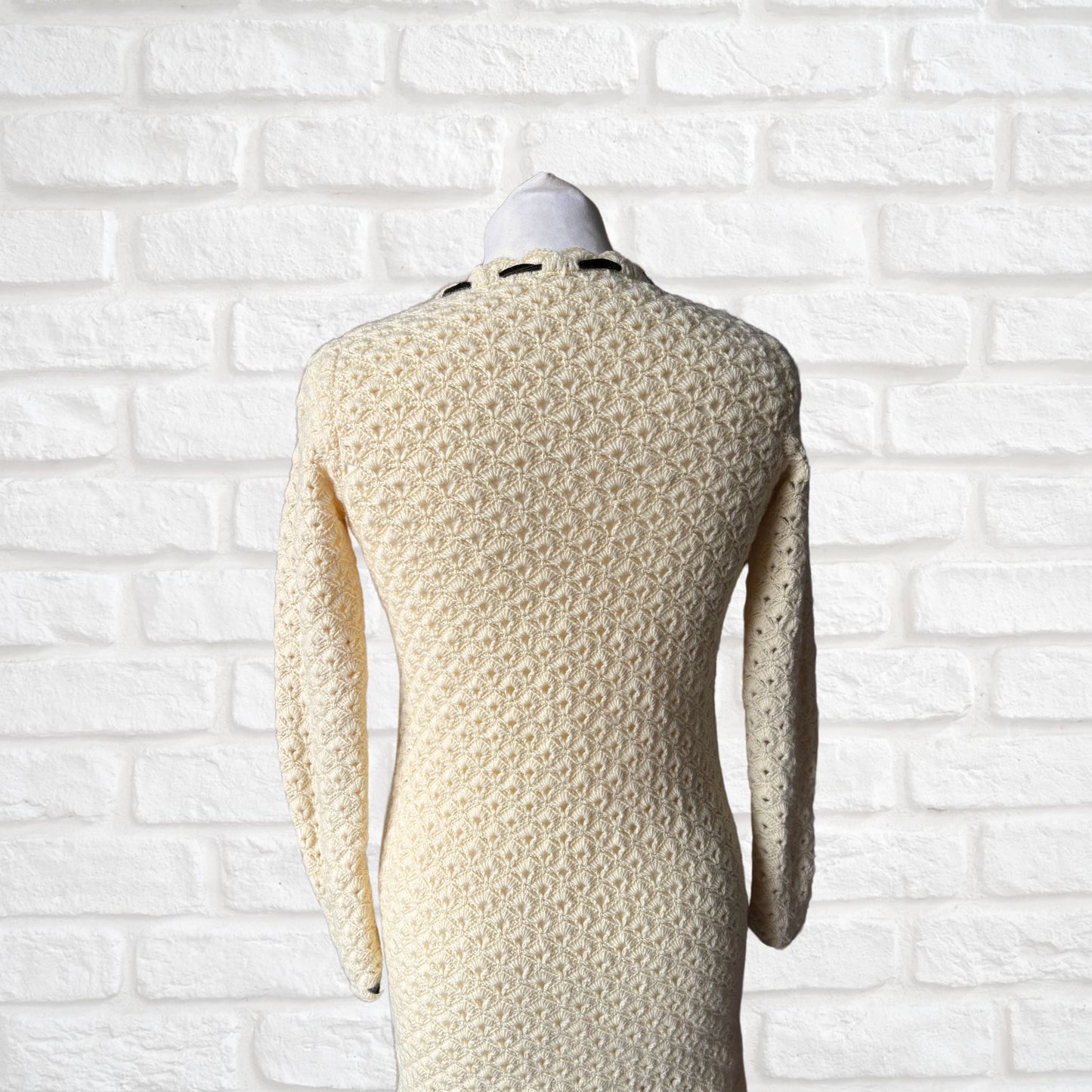 Vintage 60s Cream Crochet Mini Dress with Velvet Ribbon Detailing. Approx U.K. size 8 -10