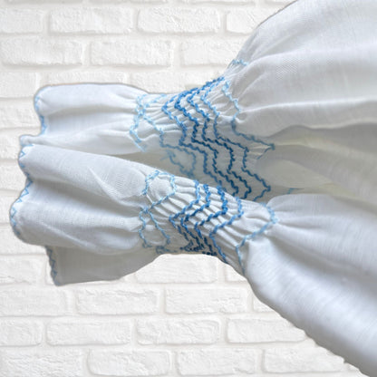White Vintage Peasant Style Blouse with Blue Floral Embroidery. Approx UK size 8-10