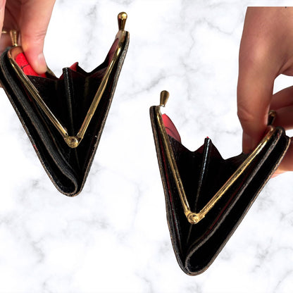 Vintage Textured Black Leather Clasp Top Purse/Wallet with Blue Tartan Insert  - Stylish and Practical